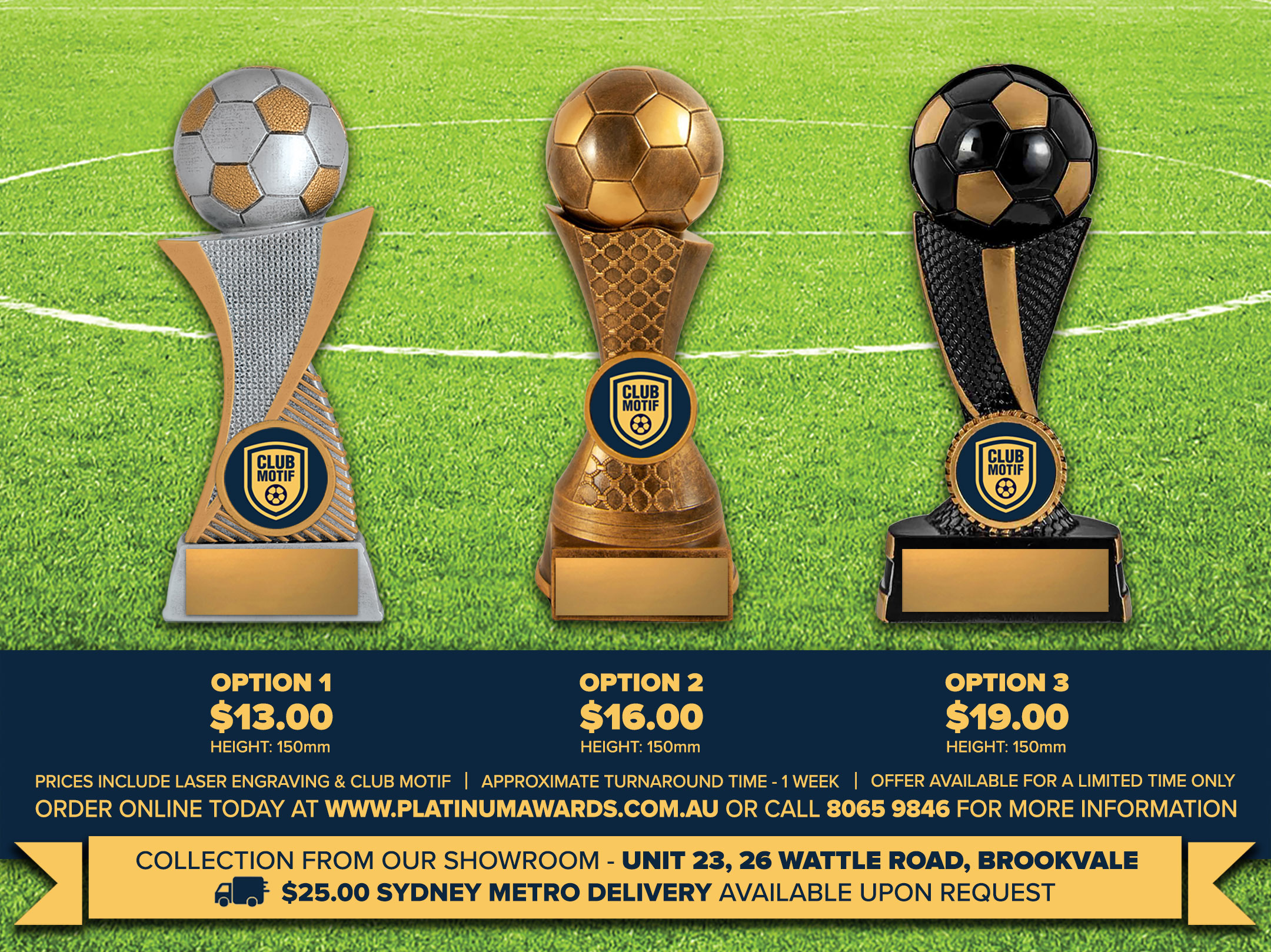 Three trophy trophies on a grassy field with Club Motif logos above price options: , ,  (150mm) and text about ordering online after showroom collection. But concise: Three trophy cups from Club Motif lined up on a soccer field backdrop with price options shown below.