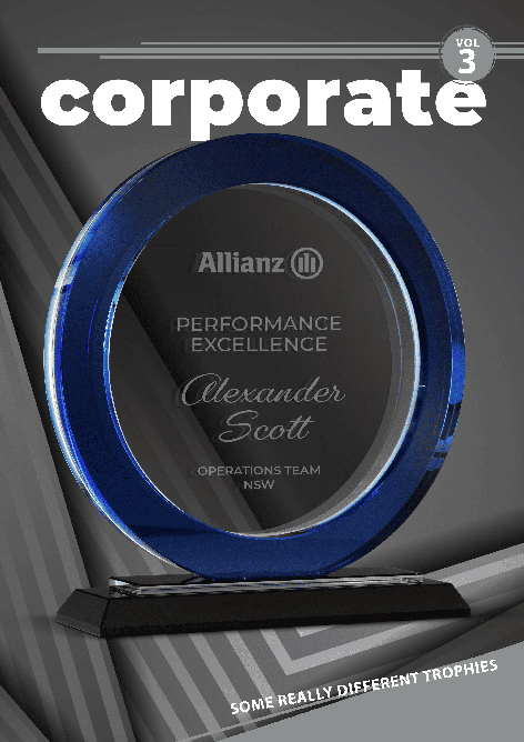 Corporate magazine cover (volume 3) showing a blue circular trophy with 'Performance Excellence' and 'Alexander Scott' engravings for the NSW Operations Team.